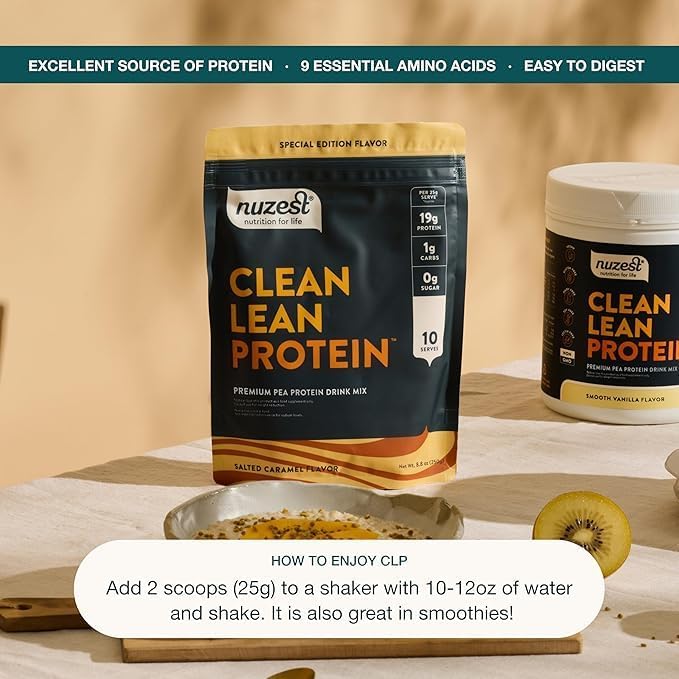 Nuzest - Pea Protein Powder - Clean Lean Protein, Premium Vegan Plant Based Protein Powder, Dairy Free, Gluten Free, GMO Free, Protein Shake, Salted Caramel, 20 Servings, 1.1 lb