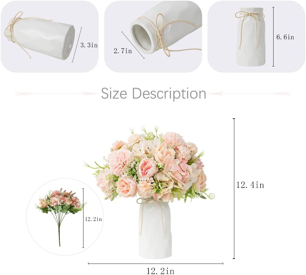 LESING Artificial Peony with Vase Silk Flowers Bouquets Fake Hydrangea Bulks for Home Table Centerpieces Wedding Decoration(Pink-1)