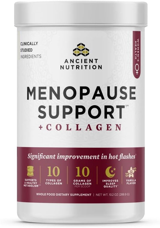 Ancient Nutrition Menopause Support + Collagen Powder, Hydrolyzed Collagen Peptides, Key Clinically Validated Superfoods, Significant Improvement in Hot Flashes and Sleep Quality, Vanilla, 25 Servings