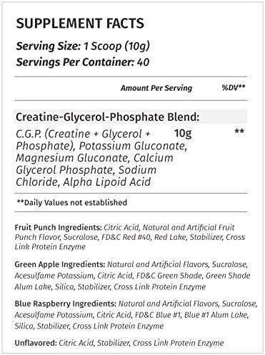 Metabolic Nutrition, CGP, Creatine Glycerol Phosphate, 100% Micronized Creatine Powder, Pre Intra Post Workout Supplement, Green Apple, 400 Grams (40 Servings)