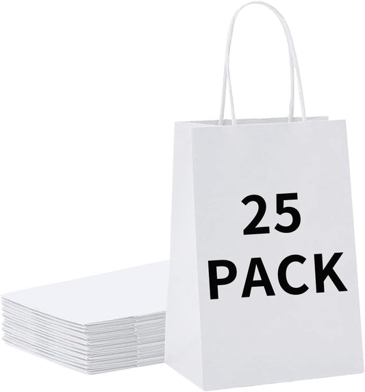 BAG BOX 25 Pack 5.9x3.1x8.25 Inch White Gift Bags with Handles,Bulk Kraft Paper Bags for Shopping, Retail, Merchandise, Wedding, Party Favors, Paper Grocery Sacks