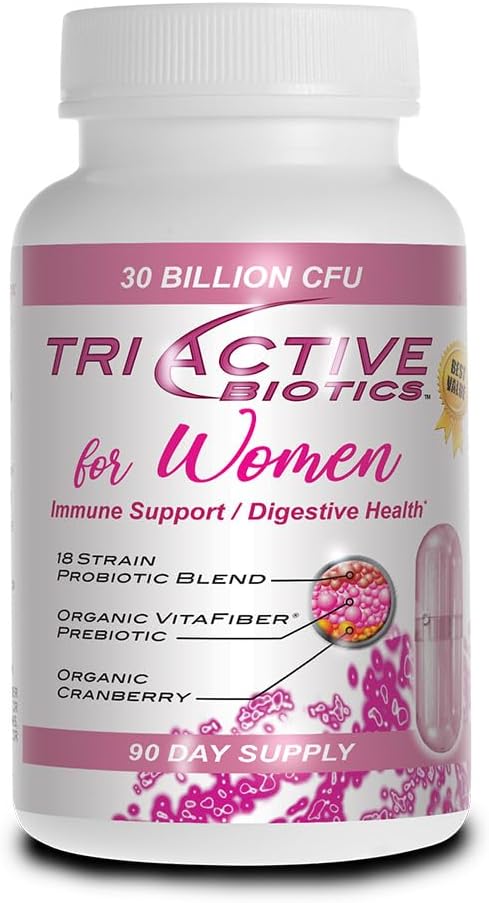 Triactive Biotics for Women - Probiotics for Women with 18 Strains, Organic VitaFiber Prebiotic & Cranberry to Digestive Support, Immune Defense, Urinary, Vaginal Health - 90 Capsules