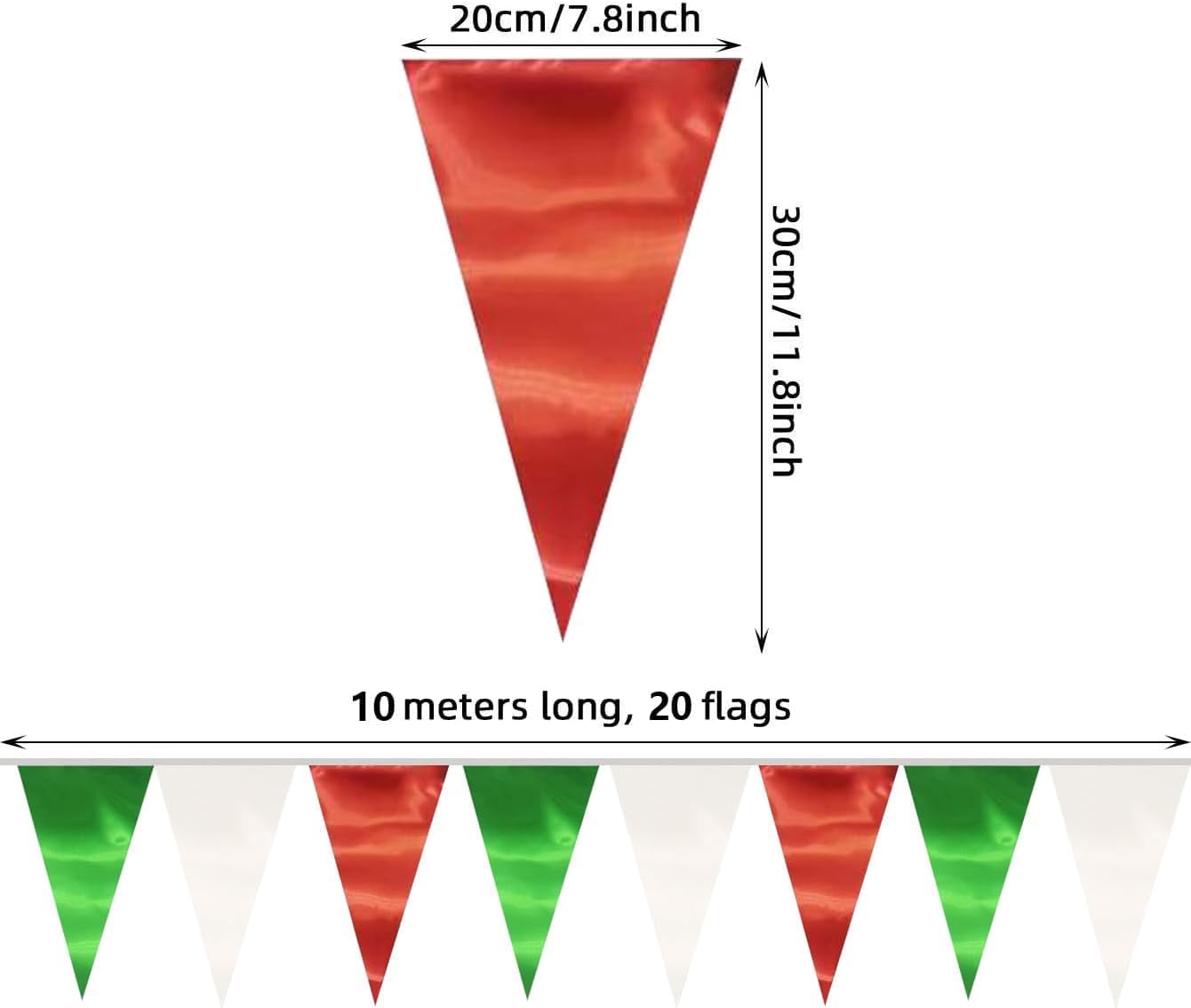 40M/130FT White Green Red Triangle Pennant Banner Flag Metallic Fabric Bunting Garland for Christmas Italy Mexican Birthday Baby Shower Wedding Banners,New Years Winter Decor Ouruola