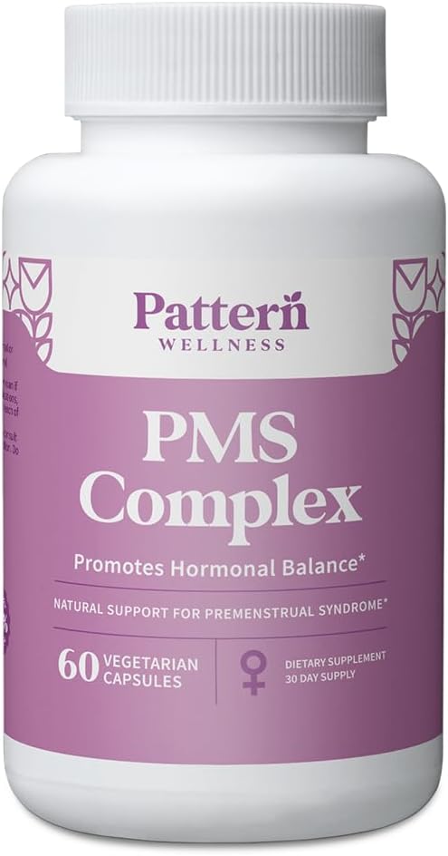 Pattern Wellness PMS Complex - Hormonal Balance, Cramp, Mood, + Period Support - Essential Vitamins, Minerals, & Herbal Extract Blend for Women - 60 Vegan Capsules
