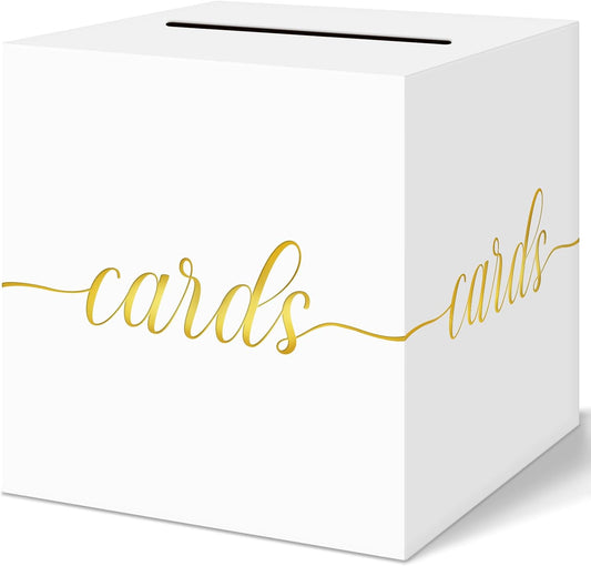 QIKSION White Wedding Card Box, Gold Foil Gift Card Box for Party, Wedding Reception, Birthday, Graduation, Baby Shower, Raffle