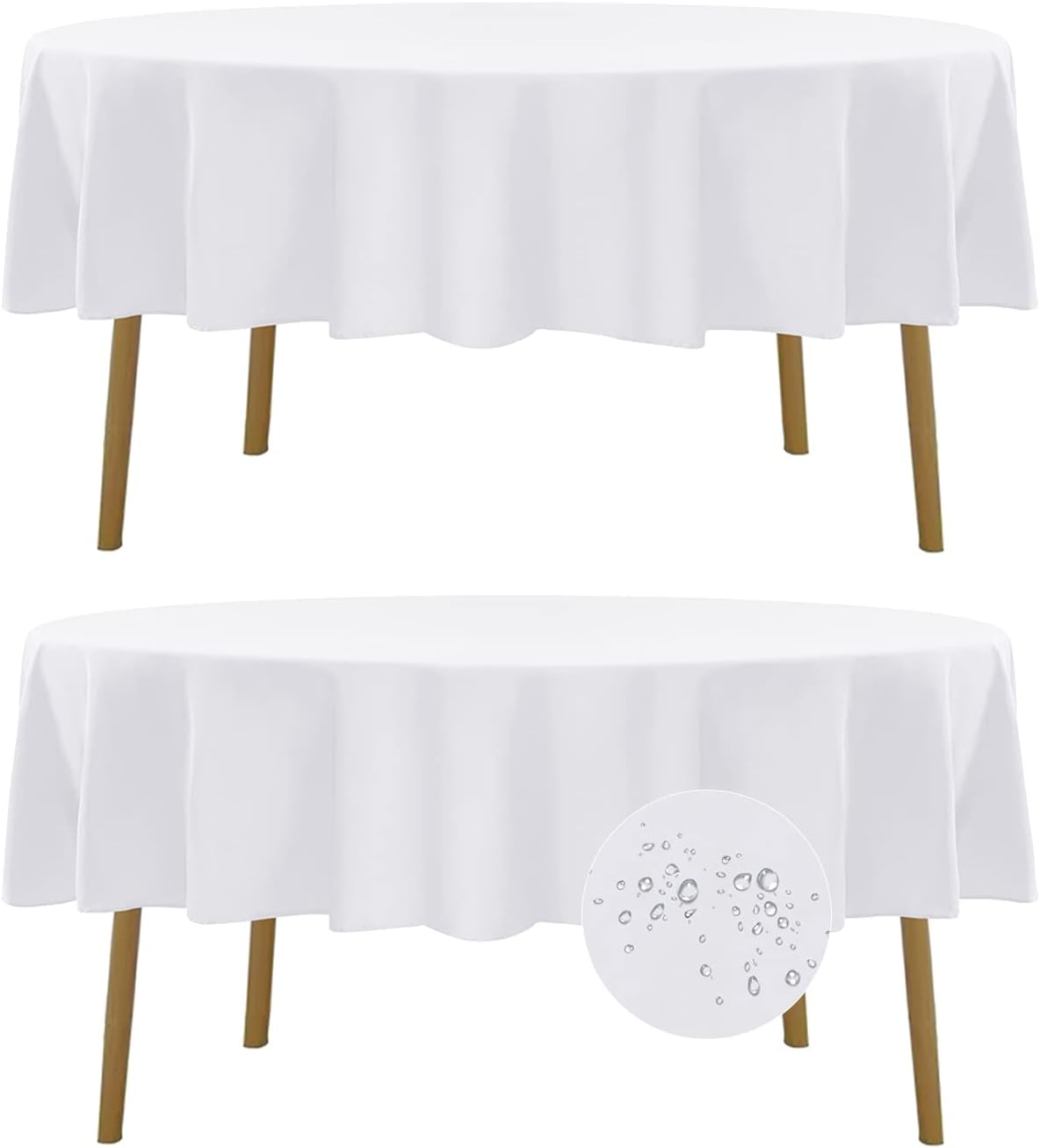 Fokitut 2 Pack Waterproof Round Tablecloth, 60 Inch, Stain Resistant and Wrinkle Polyester Table Cloth, Fabric Table Cover for Kitchen Dining, Wedding, Party, Holiday Dinner-White