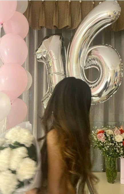40 Inch Silver Mylar Foil Number 16 Birthday Balloon, Digital Balloons for 16 Boy Girl Party Decorations Supplies, Big Helium Balloon Numbers for 16 61 Men Women Anniversary