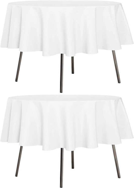 sancua 2 Pack Round Tablecloth 60 Inch White (Fits 20-48 Inch Tables), Stain and Wrinkle Resistant Table Cloth - Washable Polyester Table Cover for Dining Tables, Buffet Parties and Camping