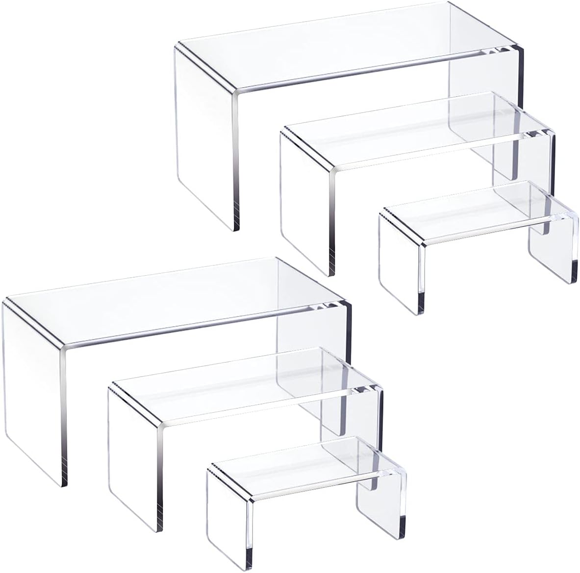 HIIMIEI Acrylic Risers for Display Clear 3-Tier Risers Stands Showcase for Amiibo Funko Pop Figures, Dessert, Jewelry-8.4"x 6.3"x 4.3" (2 Sets)
