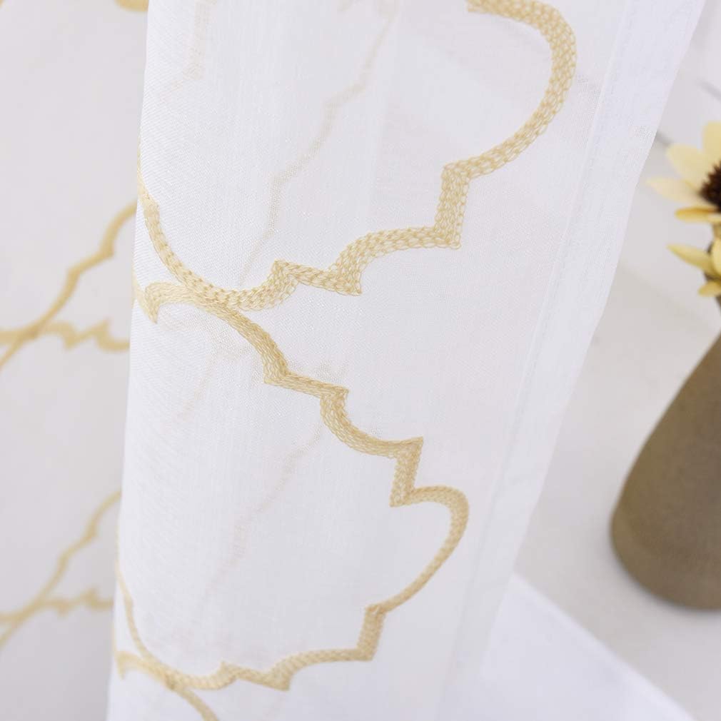 Embroidered Moroccan Tile Lattice Design Gold Sheer Curtains 84 Inch Long, Rod Pocket Sheer Drapes for Living room, Bedroom, 2 Panels, 52"x84", Semi Voile Window Treatments for Yard, Villa, Parlor.
