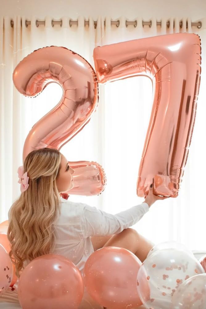 Rose Gold Number 7 Birthday Balloon 40 Inch, Digital Balloons for 7 17 27 70 77 Party Celebration Decorations Supplies, Rose Gold Mylar Foil Numbers Balloon for Seven Wedding Anniversary