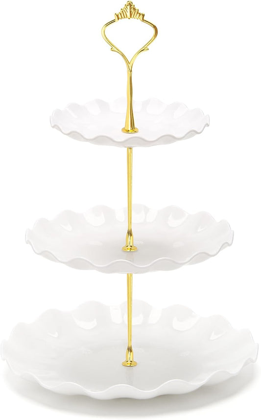 Coitak 3 Tier Cupcake Stand, Plastic Tiered Serving Stand, Dessert Tower Tray for Tea Party, Baby Shower and Wedding (Wavy-Metal Rod)