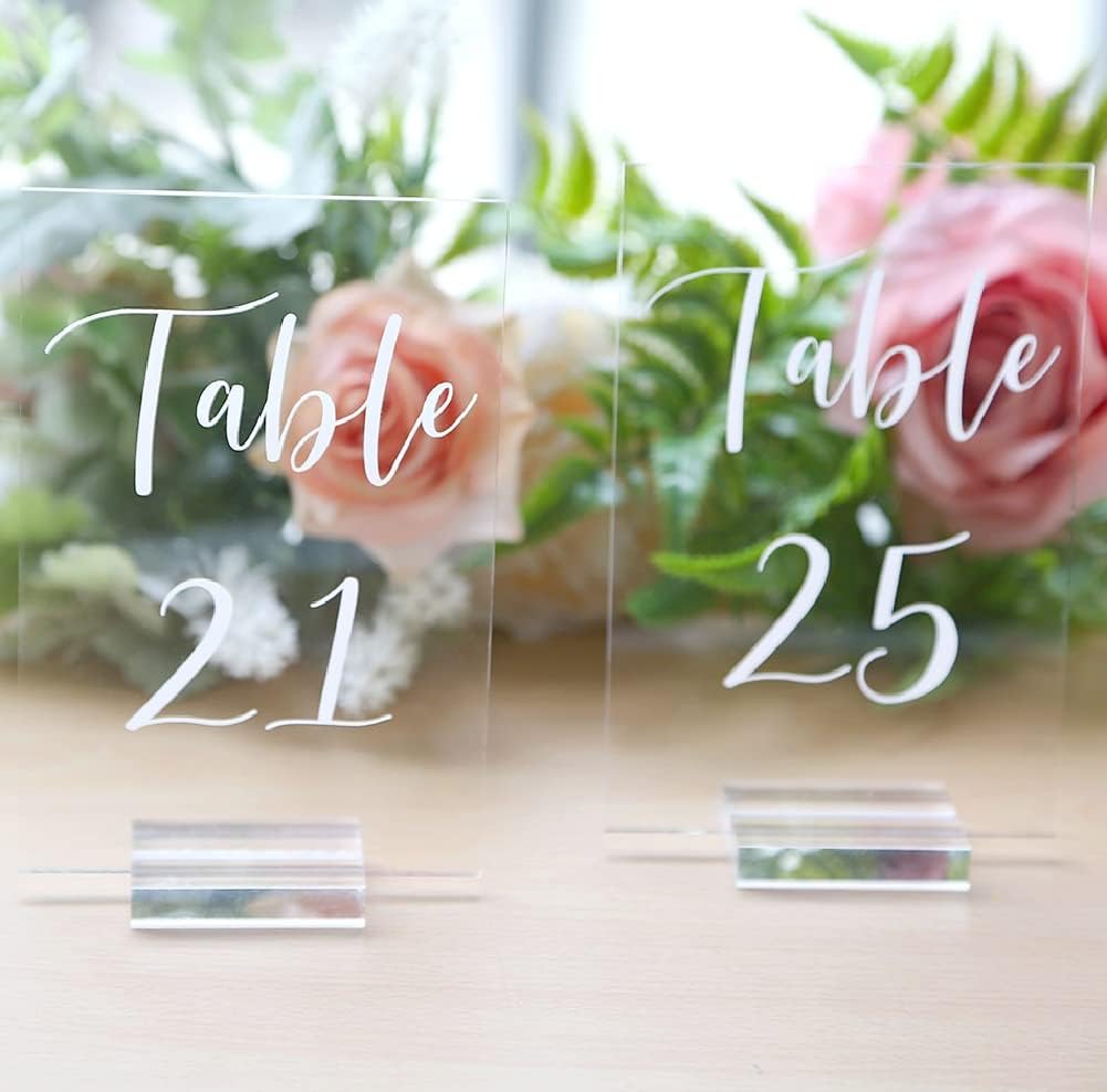 UNIQOOO Acrylic Wedding Table Numbers 1-25 with Stands | 4x6 inch Printed Calligraphy, Clear Table Number Signs and Holders | Perfect for Wedding Reception, Centerpiece Decoration, Event, Party