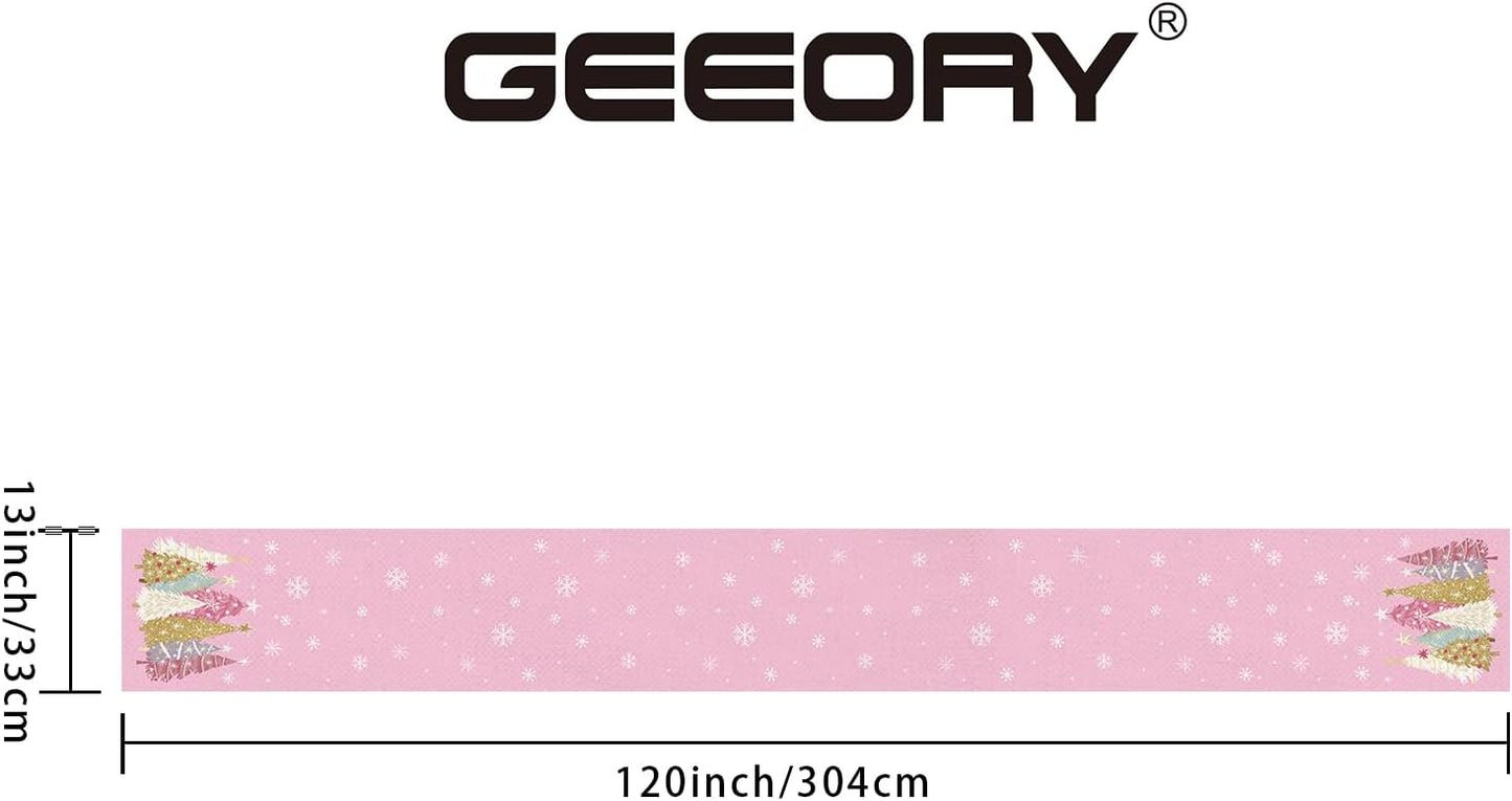 GEEORY Christmas Table Runner 13x120 Inch, Xmas Trees Snowflakes Holiday Decorative Farmhouse Table Decoration for Kitchen Dinning, Indoor Outdoor Dinner Party Decor (Pink) GT153-120