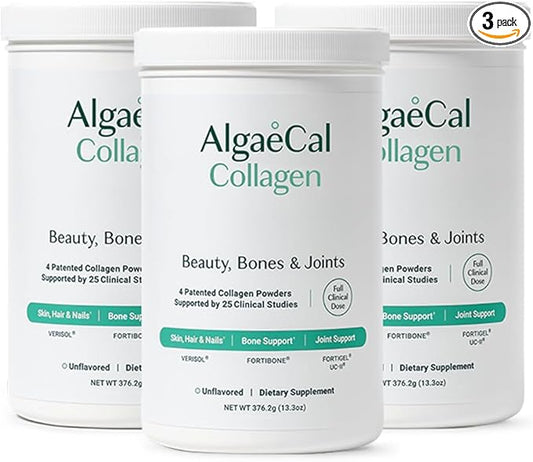 ALGAECAL Collagen - 4 Clinically-Supported Peptides VERISOL®, FORTIGEL®, UC-II®, FORTIBONE®, Anti-Aging Hydrolyzed Collagen Powder, 3 Packs, Made in USA