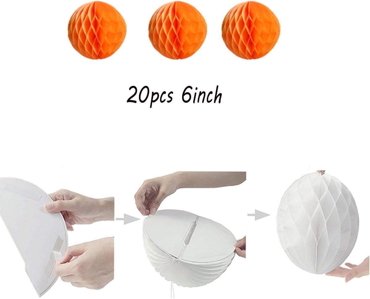 20pcs Honeycomb Flower Balls - Party Decor, Tissue Paper Pom Poms (6inch, Orange)