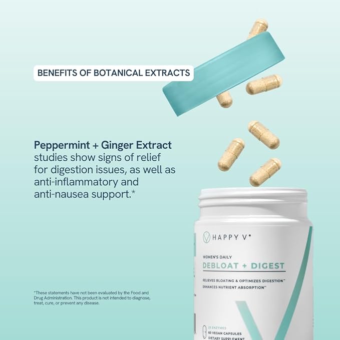 Happy V Debloat + Digest – Digestive Enzymes for Women to Support Bloating, Gas, Constipation, Gut Health, and Nutrient Absorption – Stomach Comfort & Digestion Support Supplement – 60 Vegan Capsules
