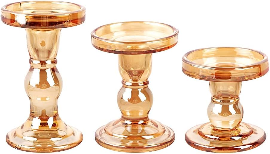 3-Piece Set of Glass Candlestick, Crystal Candlestick Holder Holder and Conical Candle, Christmas Candle Holder Decoration, Family Living Room Wedding Candle Holder (7 Colour)