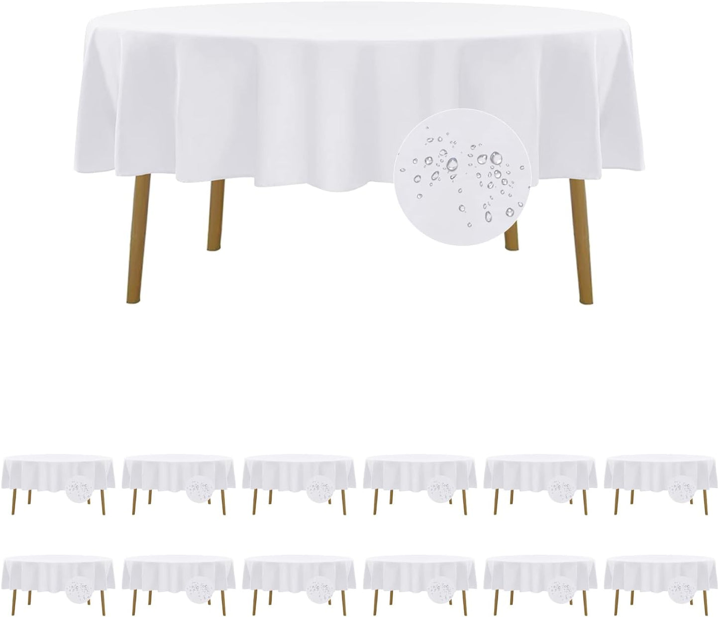 Fokitut 12 Pack Waterproof Round Tablecloth, 90 Inch, Stain Resistant and Wrinkle Polyester Table Cloth, Fabric Table Cover for Kitchen Dining, Wedding, Party, Holiday Dinner-White