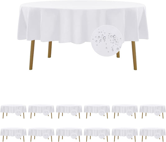 Fokitut 12 Pack Waterproof Round Tablecloth, 90 Inch, Stain Resistant and Wrinkle Polyester Table Cloth, Fabric Table Cover for Kitchen Dining, Wedding, Party, Holiday Dinner-White