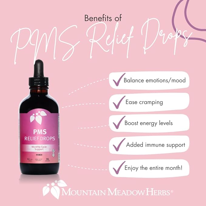 Mountain Meadow Herbs PMS Relief Drops | Liquid Herbal Supplement for Menstrual Period Discomfort | Hormonal Support for PMS Cramps, Mood Swings & Acne with Chaste Tree Berry (Vitex) & Wild Yam 2oz