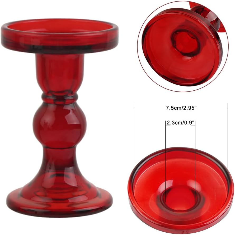 3-Piece Set of Red Glass Candlestick, Crystal Candlestick Holder Holder and Conical Candle, Christmas Candle Holder Decoration, Family Living Room Wedding Candle Holder (red1set)