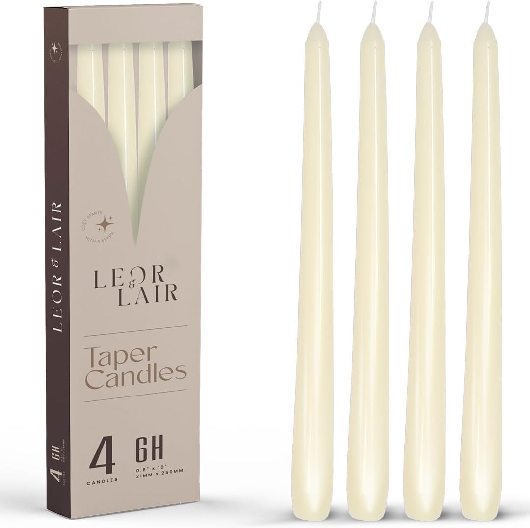 Leor & Lair Ivory Taper Candles - 4 Pack 10" Ivory Candlesticks - Unscented Cream Candle Sticks for Home Decoration, Holiday Tables, Weddings, Restaurants & Business Events