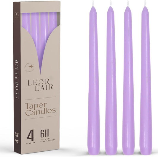 Leor & Lair Light Purple Candlesticks - 4 Pack 10" Long Candles - Unscented Long Burning Purple Candles for Easter, Bridal Showers, Spring Weddings, Restaurants & Events