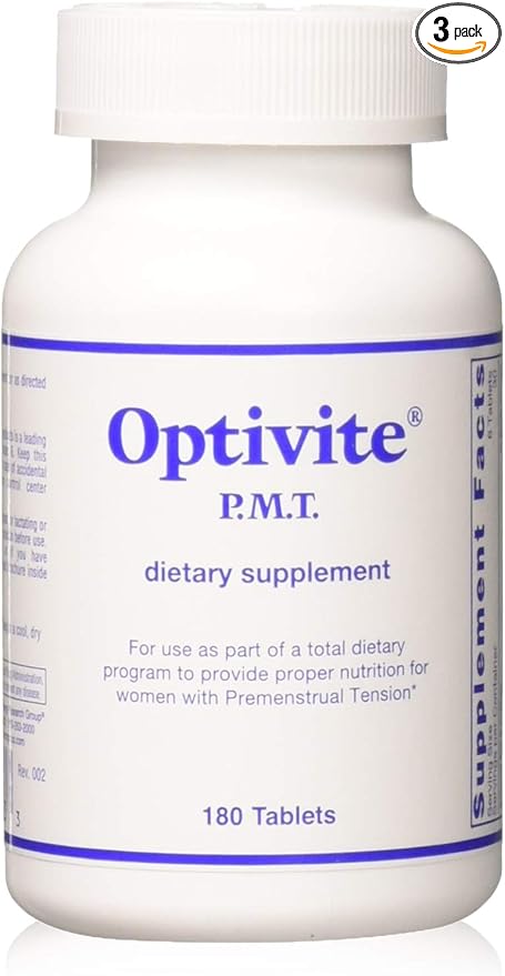 Optimox Optivite PMT Supplement - PMS Support Supplement for Women, Hormonal Balance, Womens Multivitamins, PMS Relief, Magnesium Supplement, Vitamin C and D3, Iron Tablets - 180 Count (Pack of 3)