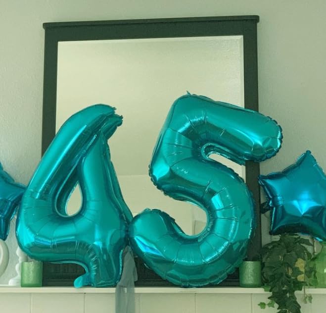 40 Inch Teal Blue Large Number 4 Birthday Balloon, Giant Number Four 14 24 34 40 44 Balloons, Teal Blue Foil Mylar Big Balloons for Anniversary Graduation Supplies Decorations
