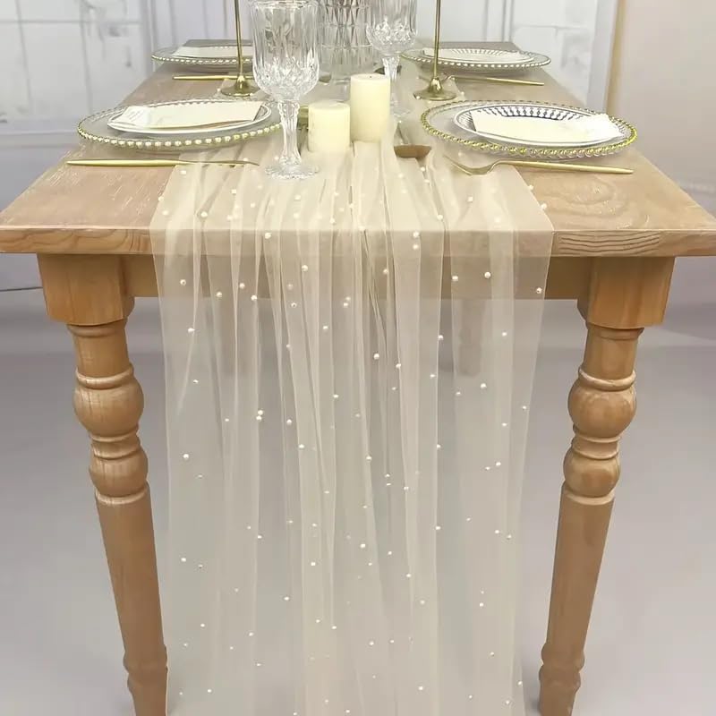 EHLDekol Pearl Table Cloth Elegant Polyester Table Runner with Artificial Pearl Accents Extra Long 10ft 60 x 120 Inches Pearl Tulle Table Runner for Wedding (60inch Width, Champagne, 1 Piece)