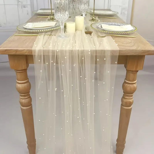 EHLDekol Pearl Table Cloth Elegant Polyester Table Runner with Artificial Pearl Accents Extra Long 10ft 60 x 120 Inches Pearl Tulle Table Runner for Wedding (60inch Width, Champagne, 1 Piece)
