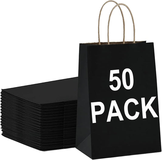 BAG BOX 50 Pack Small 5.9x3.1x8.25 Inch Black Kraft Paper Gift Bags with Handles for Bulk Shopping, Retail, Craft, Party Favors, Wedding, Grocery & Sacks