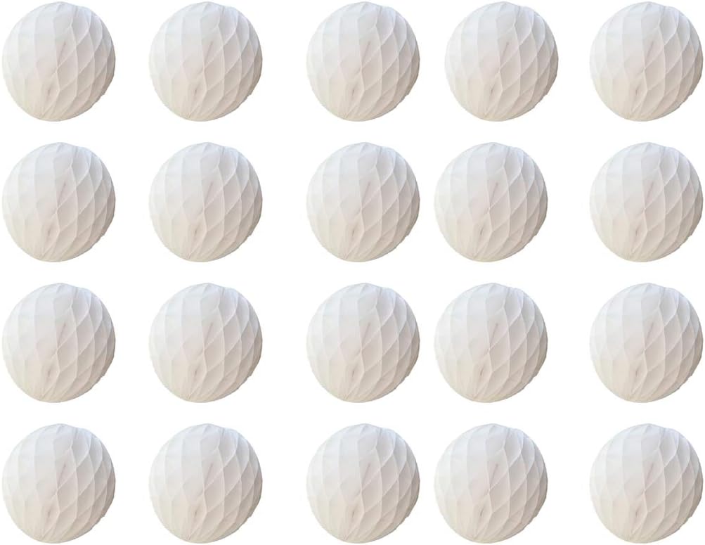 20pcs Honeycomb Flower Balls - Party Decor, Tissue Paper Pom Poms (6inch, White)