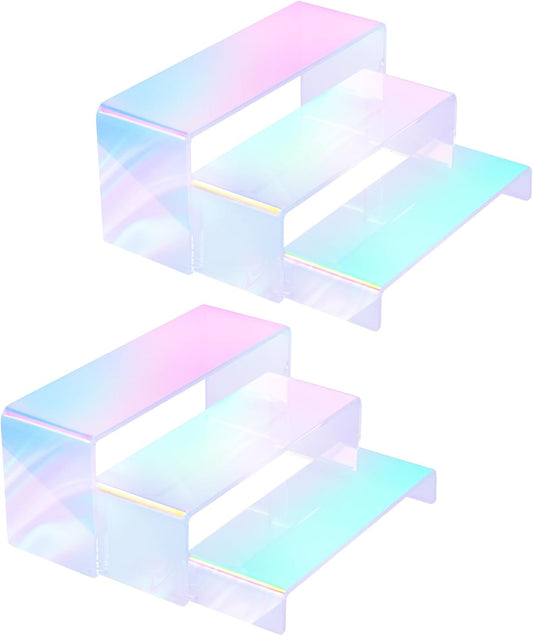 Iridescent Acrylic Display Risers, 6pcs Rainbow Display Stand Rectangular Stands Showcase Transparent Display Shelf for Dessert Cupcake Collectibles Figures Jewelry Perfume