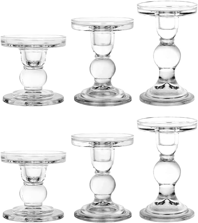 6-Piece Set of Glass Candlestick, Crystal Candlestick Holder Holder and Conical Candle, Christmas Candle Holder Decoration, Family Living Room Wedding Candle Holder (Clear 2sets)