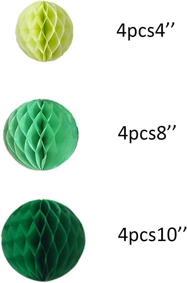12pcs Party Honeycomb Balls Decorations - 4'', 8'', 10'' Honeycomb Tissue Pom Poms For Baby Shower, Wedding, Nursery(4'', 8'', 10'', Green)