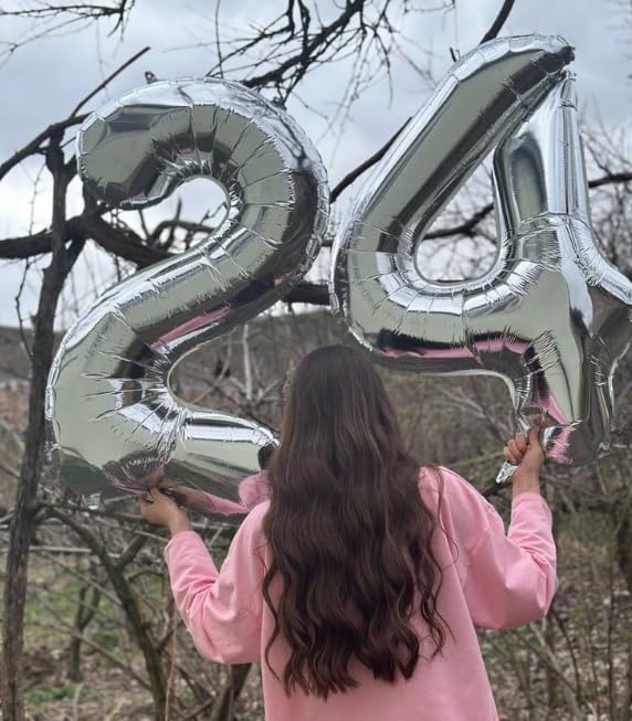 40 Inch Silver Large Number 24 Birthday Balloon, Giant Number 24 Balloons, Foil Mylar Big Balloons for Anniversary Graduation Supplies Decorations