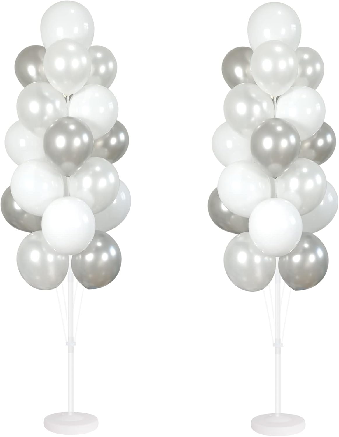 Balloon Column Kit Set of 2 With Balloons Included - with Base, and Pole,Balloon Tower Backdrop Decoration for Wedding, Baby Shower, Birthday Party, or Bachelorette Parties (Silver White)