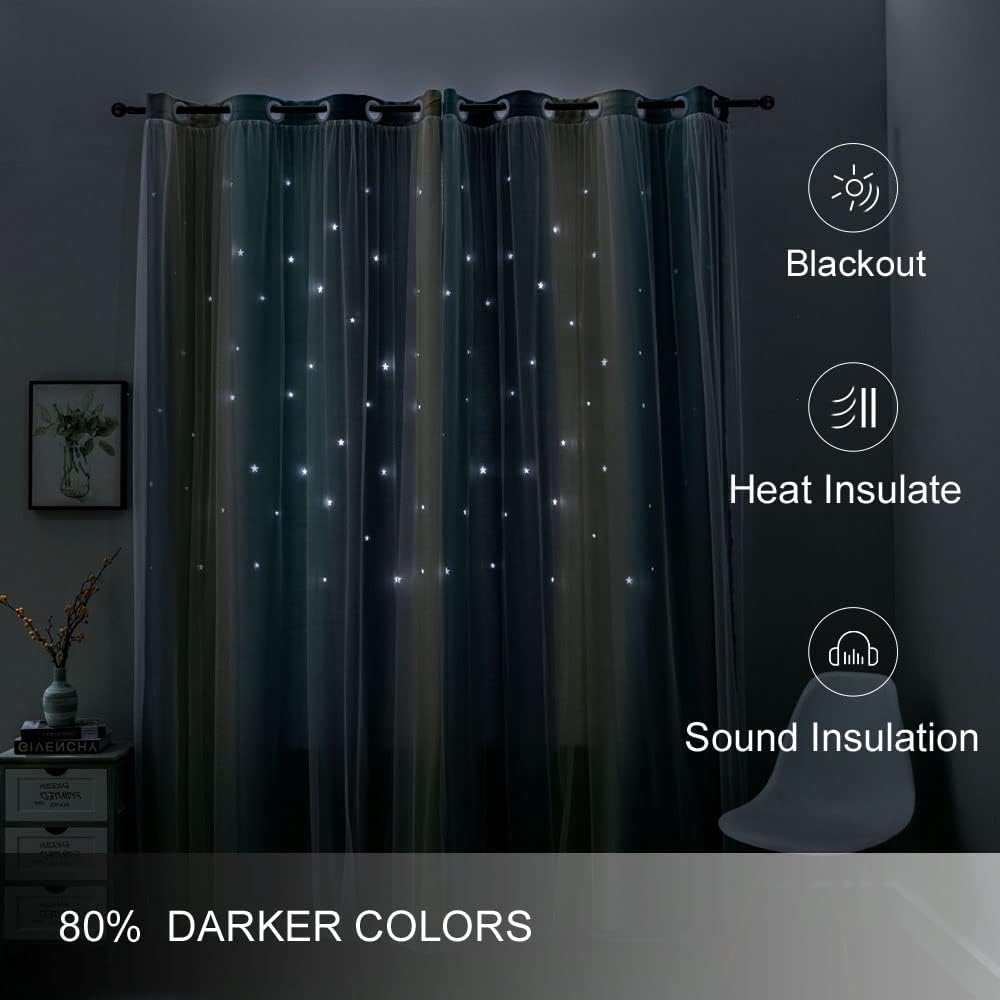 FANLI Ombre Rainbow Blackout Curtains for Kid Girls Bedroom Living Room Darking Stripe Double Layer Star Cut Out Wall Home Decor Gradient Grommet Window Curtains (Blue/Yellow, 52W x 84L)