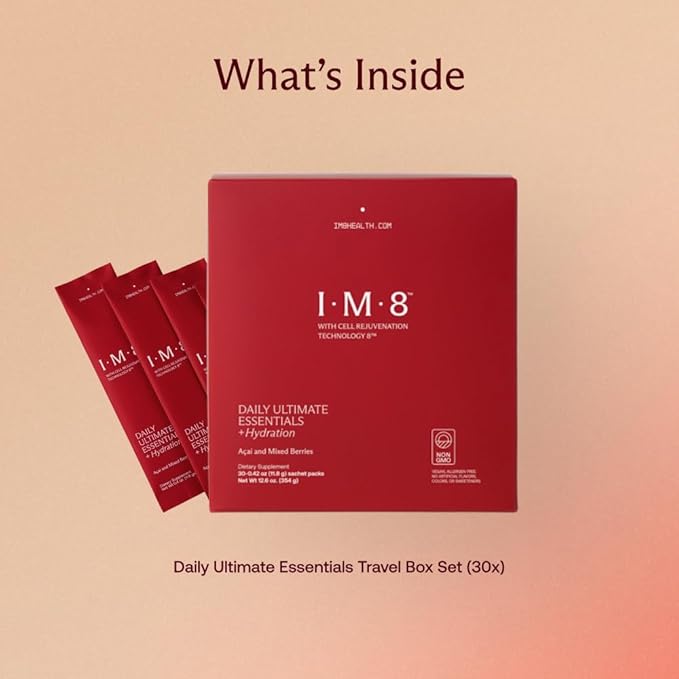 IM8 Daily Ultimate Essentials All-in-One Multivitamin Supplement, 92 Nutrient Rich Ingredients CoQ10, Probiotics, Vitamins, Greens, Gluten Free, Vegan, Acai Mixed Berry (30 Servings, Travel Packs)