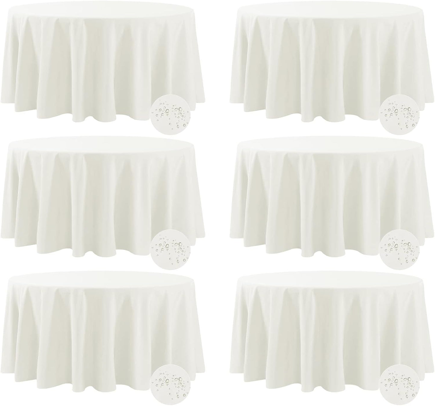 Fokitut 6 Pack Waterproof Round Tablecloth, 132 Inch, Stain Resistant and Wrinkle Polyester Table Cloth, Fabric Table Cover for Kitchen Dining, Wedding, Party, Holiday Dinner-Ivory