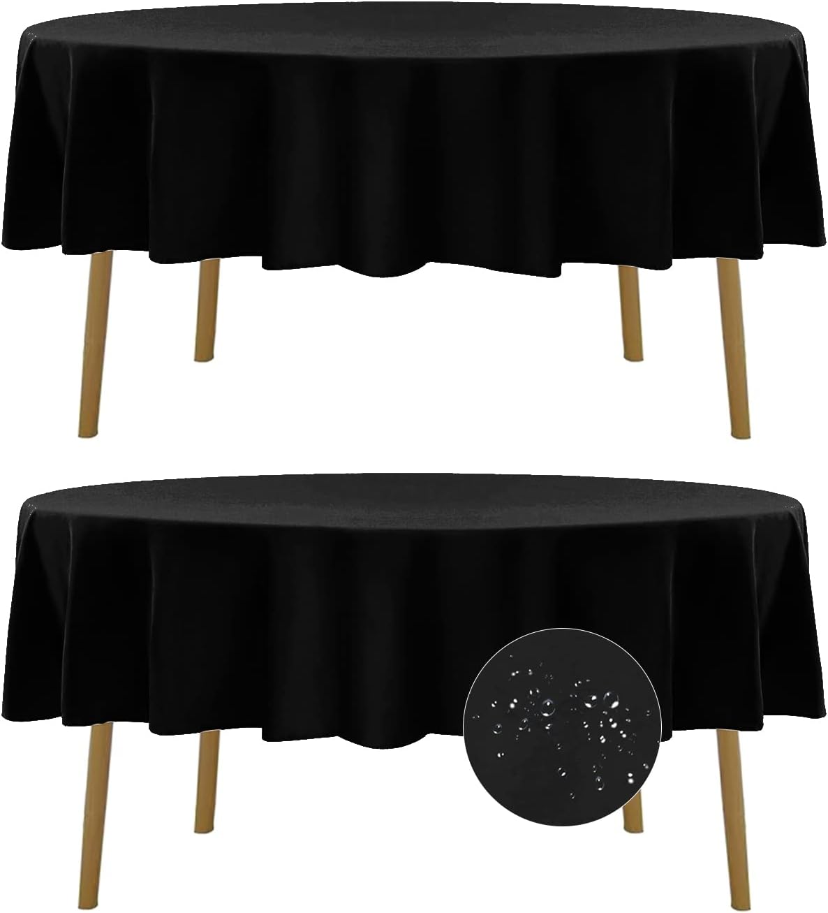Fokitut 2 Pack Waterproof Round Tablecloth, 60 Inch, Stain Resistant and Wrinkle Polyester Table Cloth, Fabric Table Cover for Kitchen Dining, Wedding, Party, Holiday Dinner-Black
