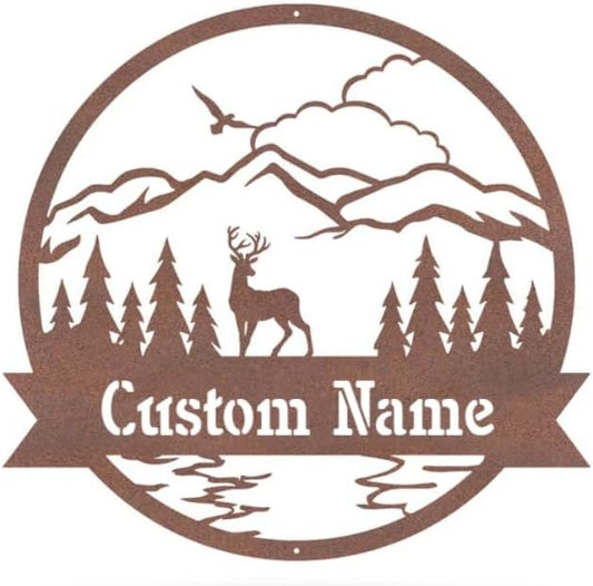 RealSteel Personalized Outdoor Metal Sign, Customize the Great Outdoor Deer & Mountain Monogram, Rustic Cabin, Lodge, or Home Décor, Laser Cut Steel Wall Art, Family Gifts