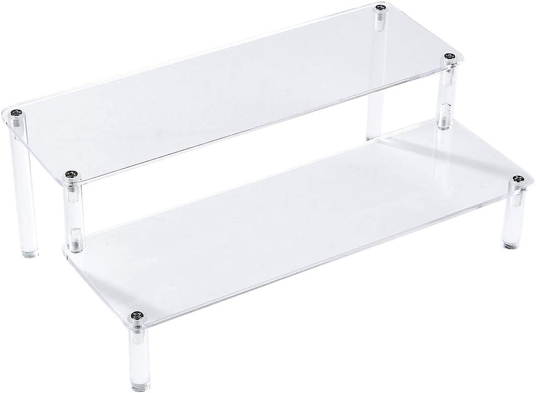 BYCY Acrylic Clear 2-Tier Riser Display Shelf for Figures, Desserts Holder, Collections Organizer and Cosmetic Items Shelf (12" x 6.9" x 4.25")
