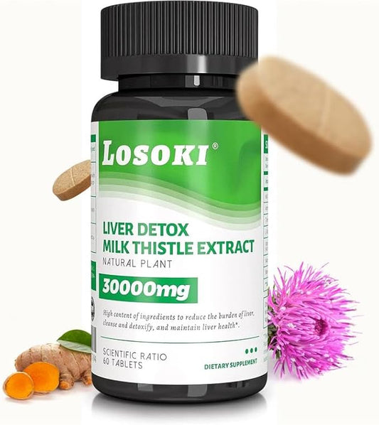 Liver Detox Supplement, 30,000mg Milk Thistle Extract, Turmeric, Artichoke & Glutathione – Supports Liver Health & Antioxidant Function – 60 Tablets