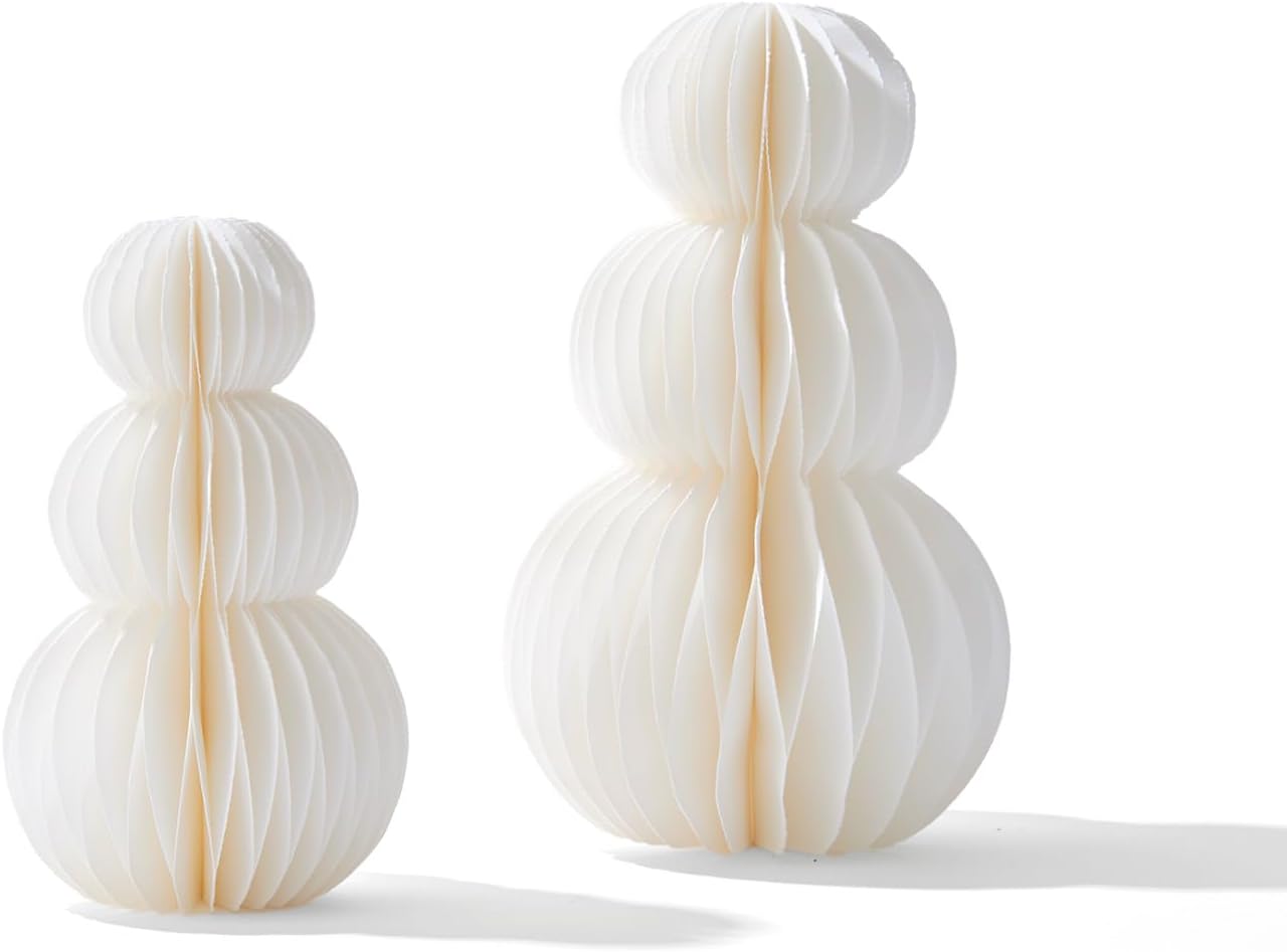 LampLust Snowman Decor, 2 Pack White Honeycomb Paper Snowmen, 6 & 8 Inch, Winter Wonderland & Enchanted Forest Decorations Indoor, Home Mantle Decor, Centerpiece Table Decorations