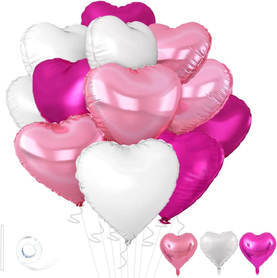 Rose Heart Balloons,18inch Bright Pink Heart Shaped Foil Balloons & White Helium Mylar Balloon for Anniversary Wedding Engagement Birthday Party Baby Shower Decorations(12Pcs)