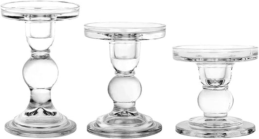 3-Piece Set of Glass Candlestick, Crystal Candlestick Holder Holder and Conical Candle, Christmas Candle Holder Decoration, Family Living Room Wedding Candle Holder (Clear)
