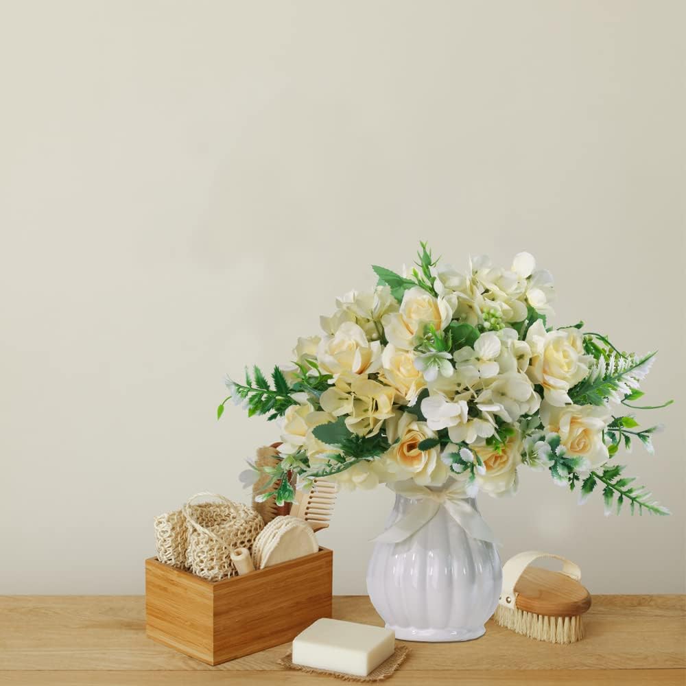 LESING Artificial Rose Silk Hydrangea Flowers Bouquets with Vase Rustic Fake Flowers for Home Decoration Table Centerpiece (Champagne)